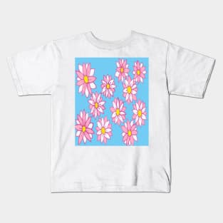 Pink White and Blue Flower Print Kids T-Shirt